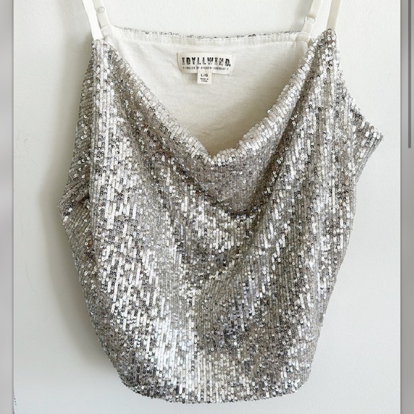 IDYLLWIND silver SEQUIN DRAPE NECK TANK TOP size large - Picture 2 of 8